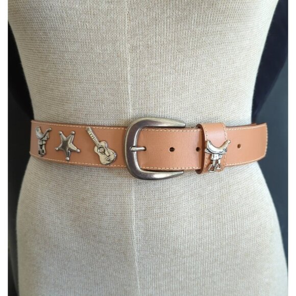 Vtg Prima Collezione By Leather Shop Western Belt Saddle Star & Guitar Size M-lp - Picture 1 of 12